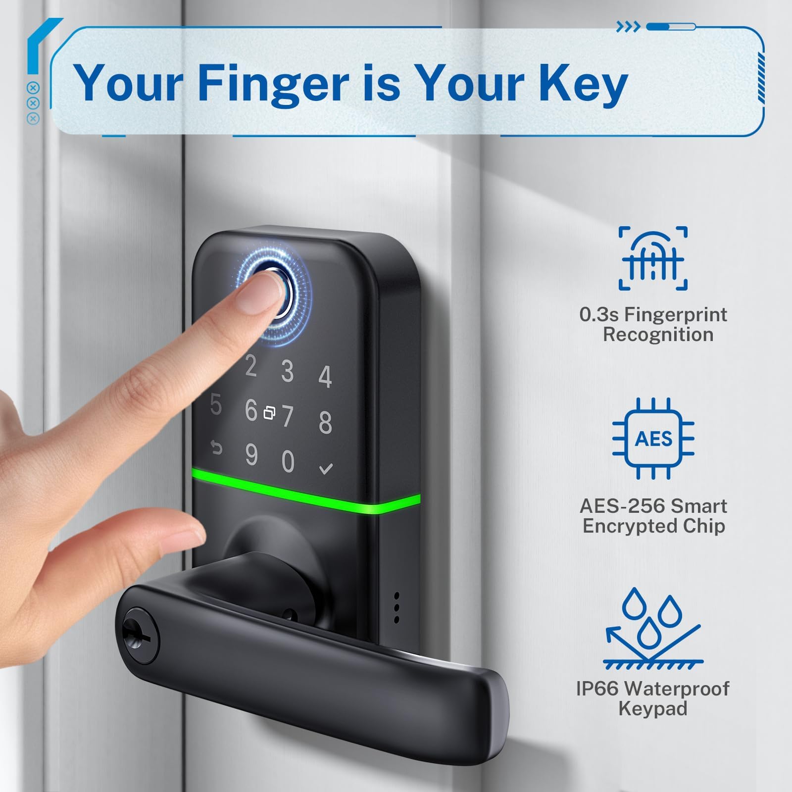 Keypad Smart Door Lock with Handle: Kucacci Keyless Entry Fingerp - KUCACCI Official Product View 3