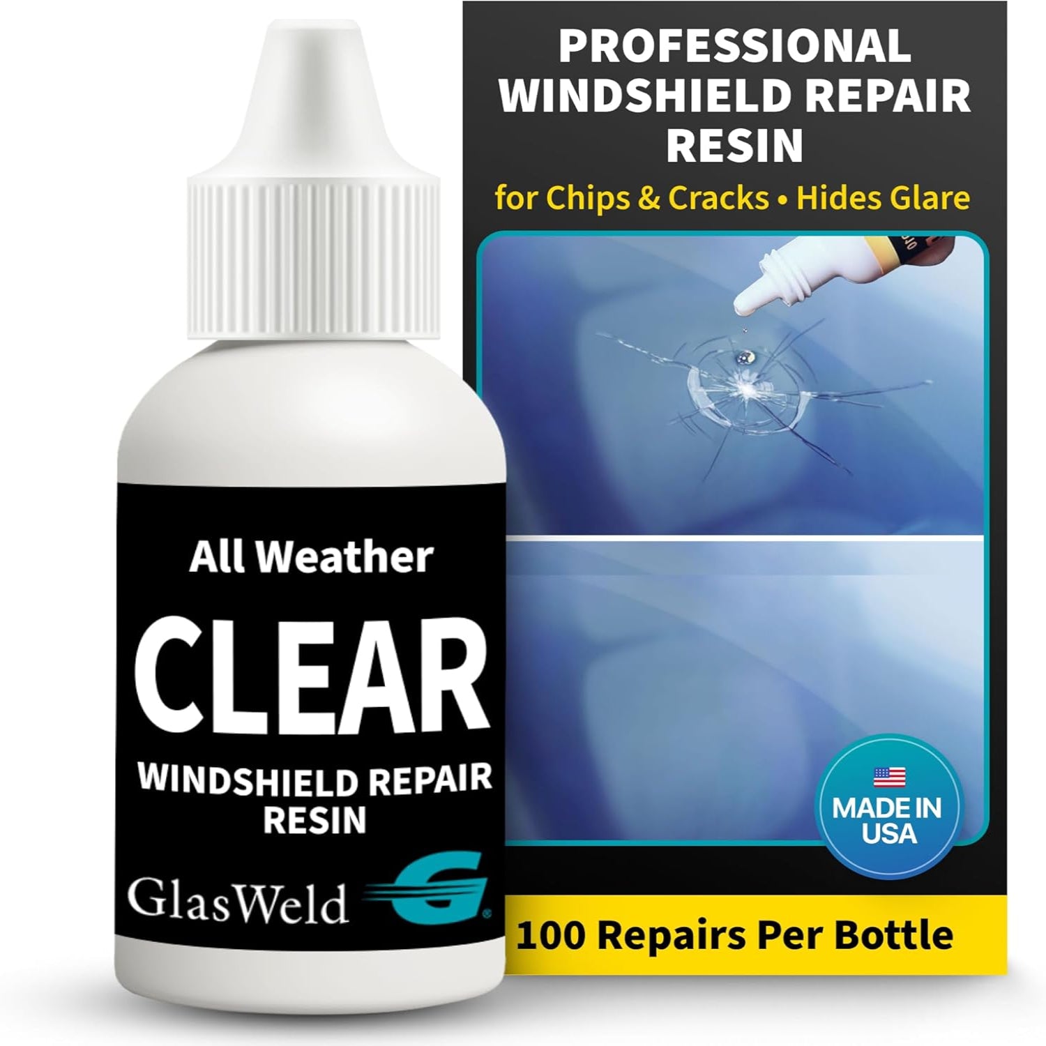 GlasWeld windshield repair resin kit with applicator for fixing cracks and chips on auto glass, includes liquid resin for repairs.