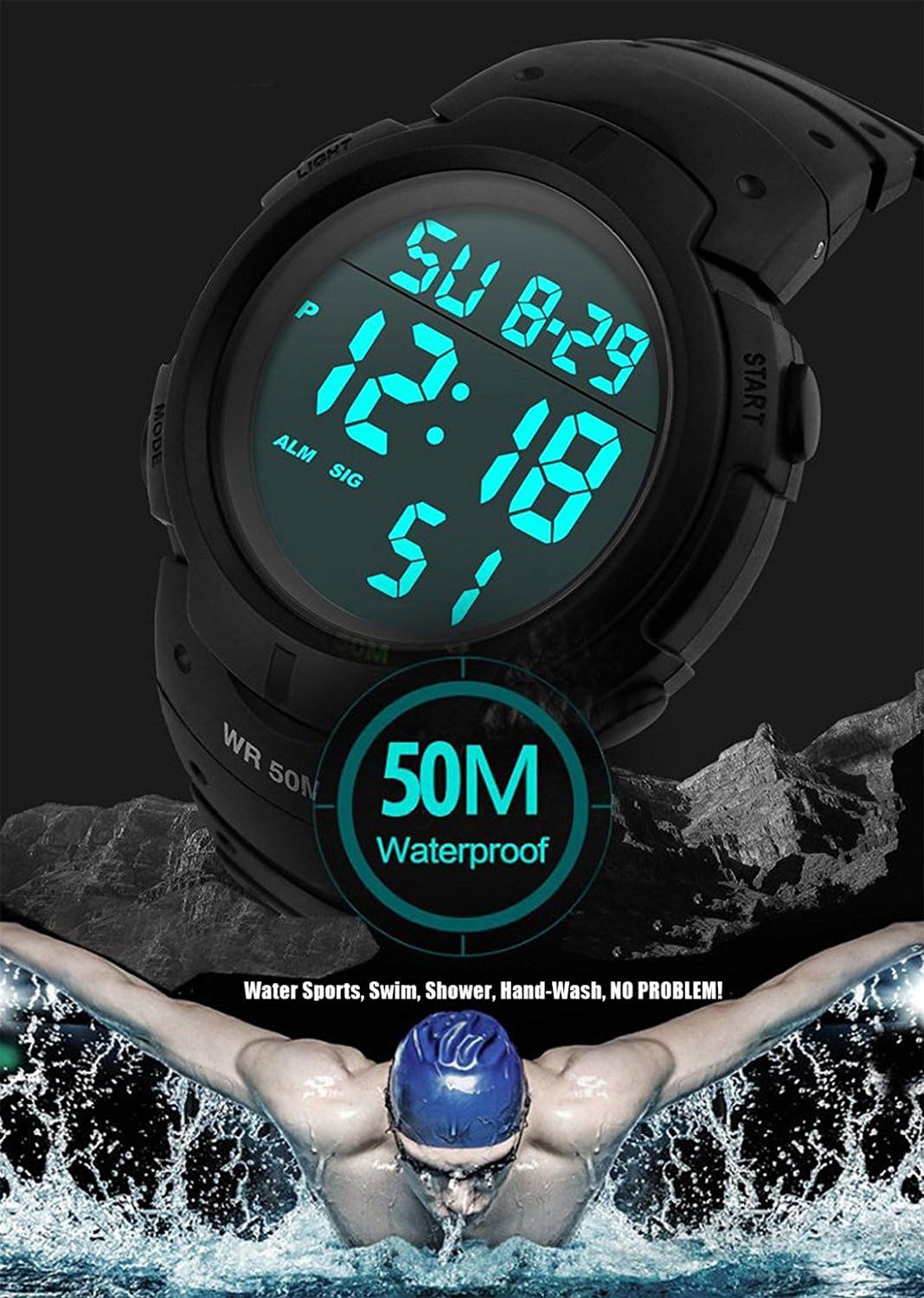 PASOY Men's Simple Outdoor Sports Digital Watch Waterproof Swim 50MM - View 5