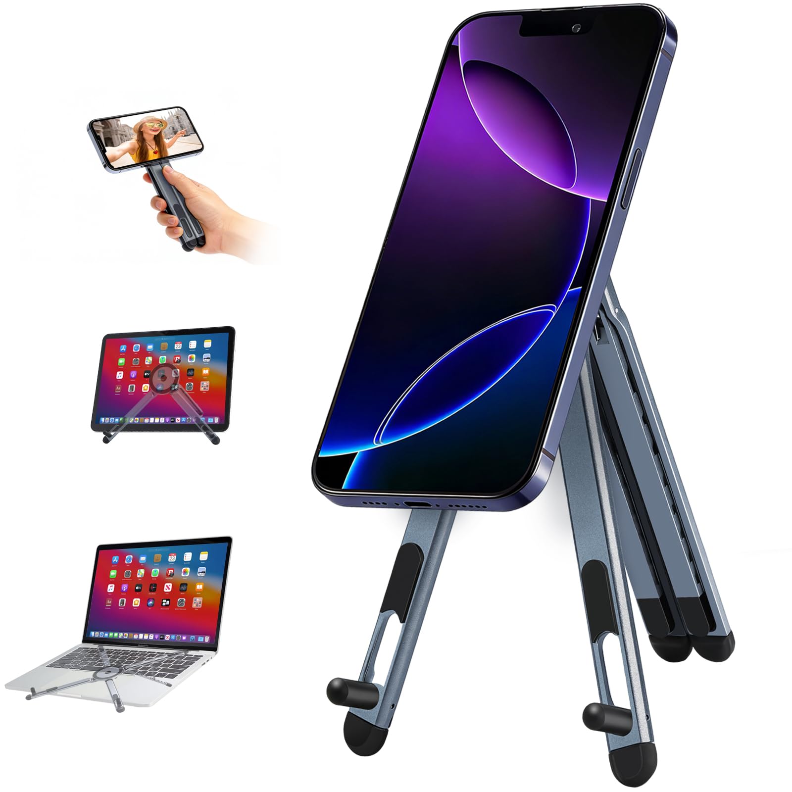 Kosoko 3-in-1 foldable magnetic phone tripod stand with adjustable aluminum holder for tablets, laptops, and MagSafe-compatible iPhones.