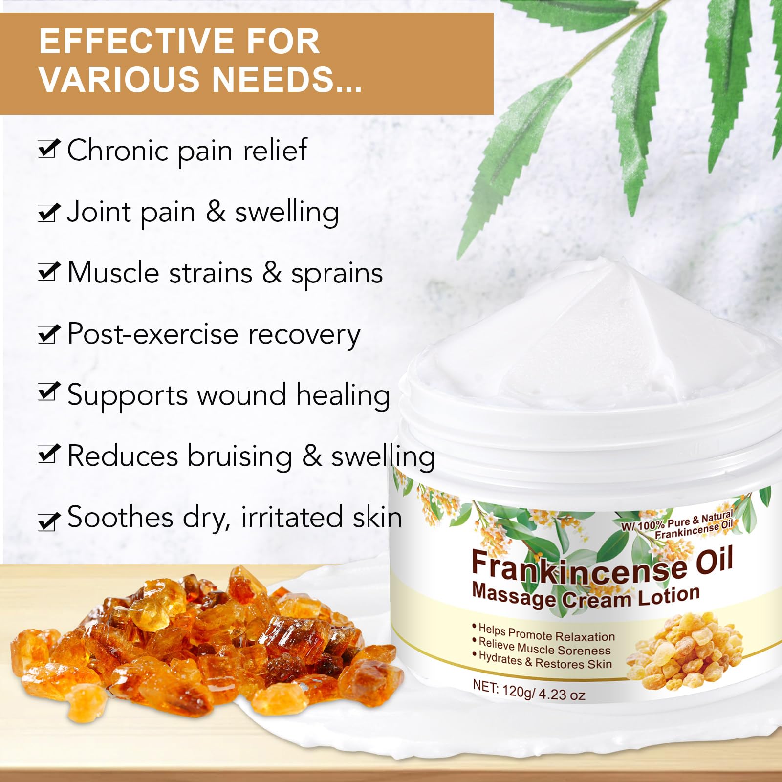 Generic frankincense balm skin moisturizer for anti-aging, muscle relief, and dry skin care, with a jar of balm visible.