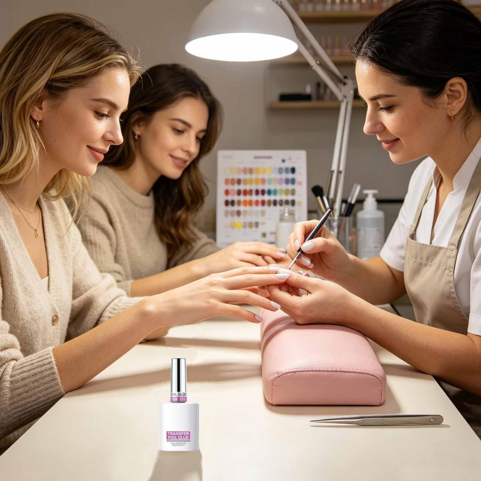 Fine foil gel transfer for nails with smooth brush application, designed for bonding and resin base cosmetics.