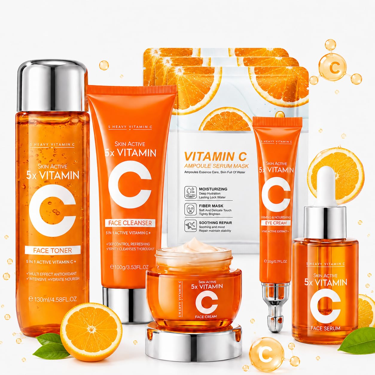 Vitamin C Skincare Set, 8-Piece Daily Facial Care Kit with - Product Imagery