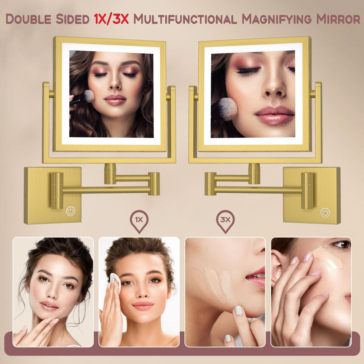 8 Square Makeup Mirror Wall Mount with Light and Magnifying - RECKODOR Official Imagery - 5