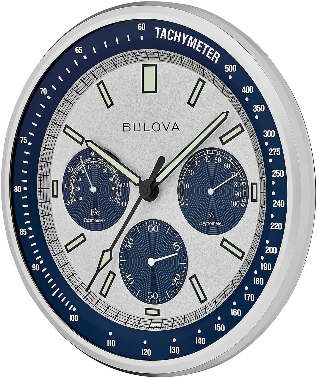 Bulova Lunar Pilot wall clock in matte silver finish with temperature display, featuring a space-inspired design and precise timekeeping.