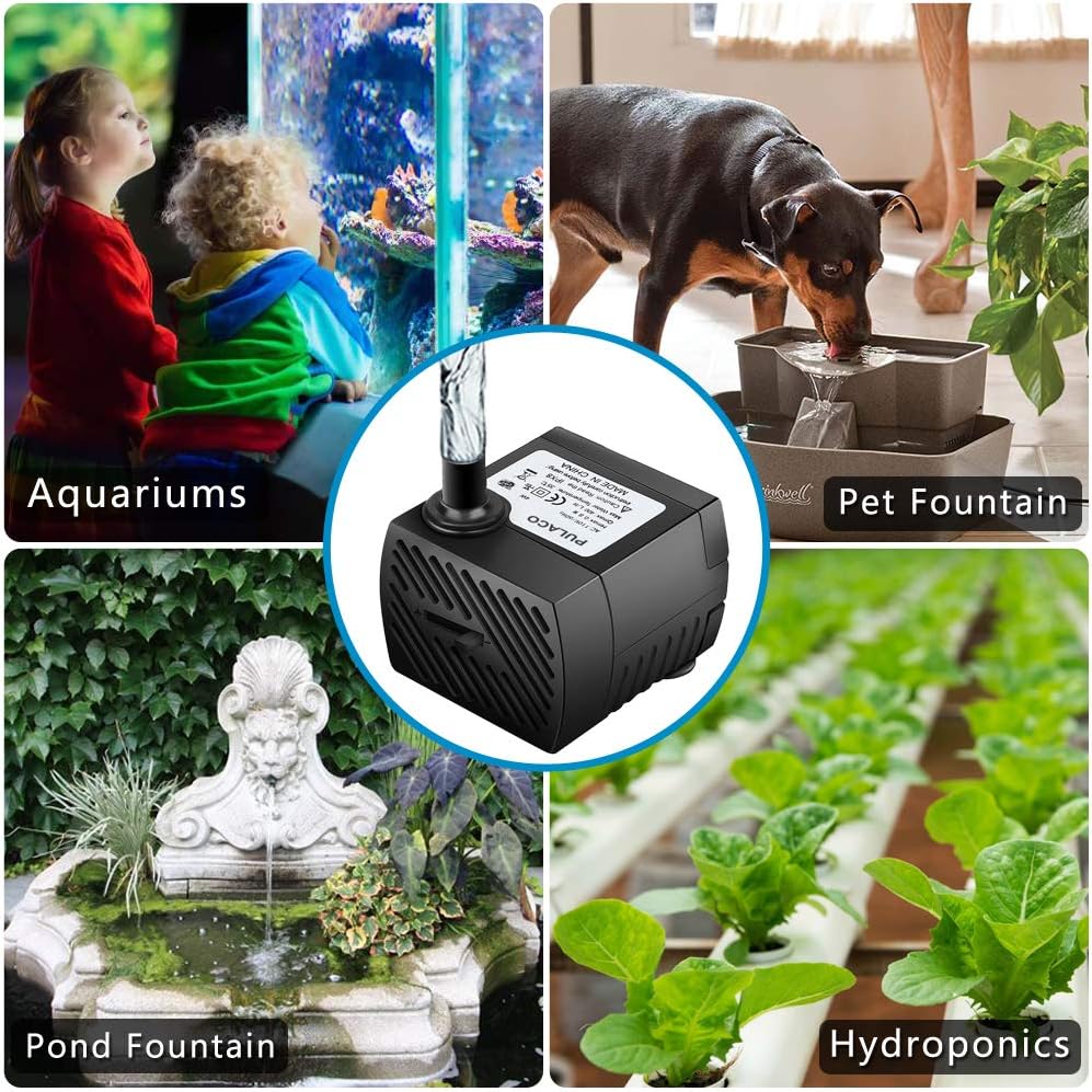 PULACO 95GPH 5W mini submersible water pump with 3.3 ft tubing for aquarium fish tanks, black compact design.