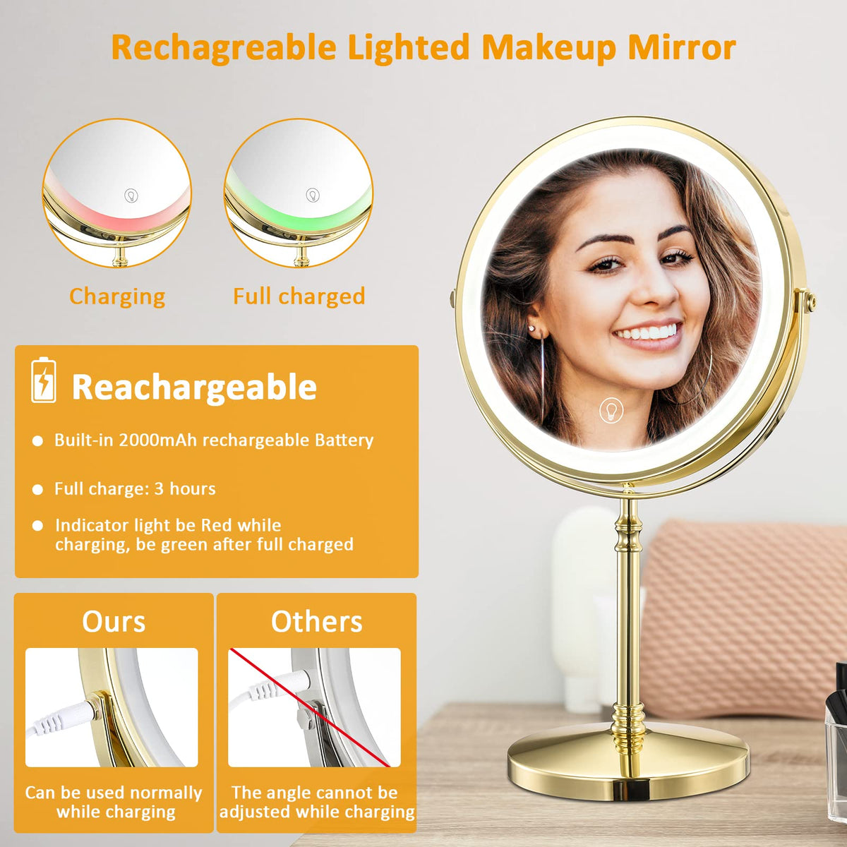 Rechargeable 8 Lighted Makeup Mirror 1X 10X Magnifying - AMZNEVO Official Imagery - 6