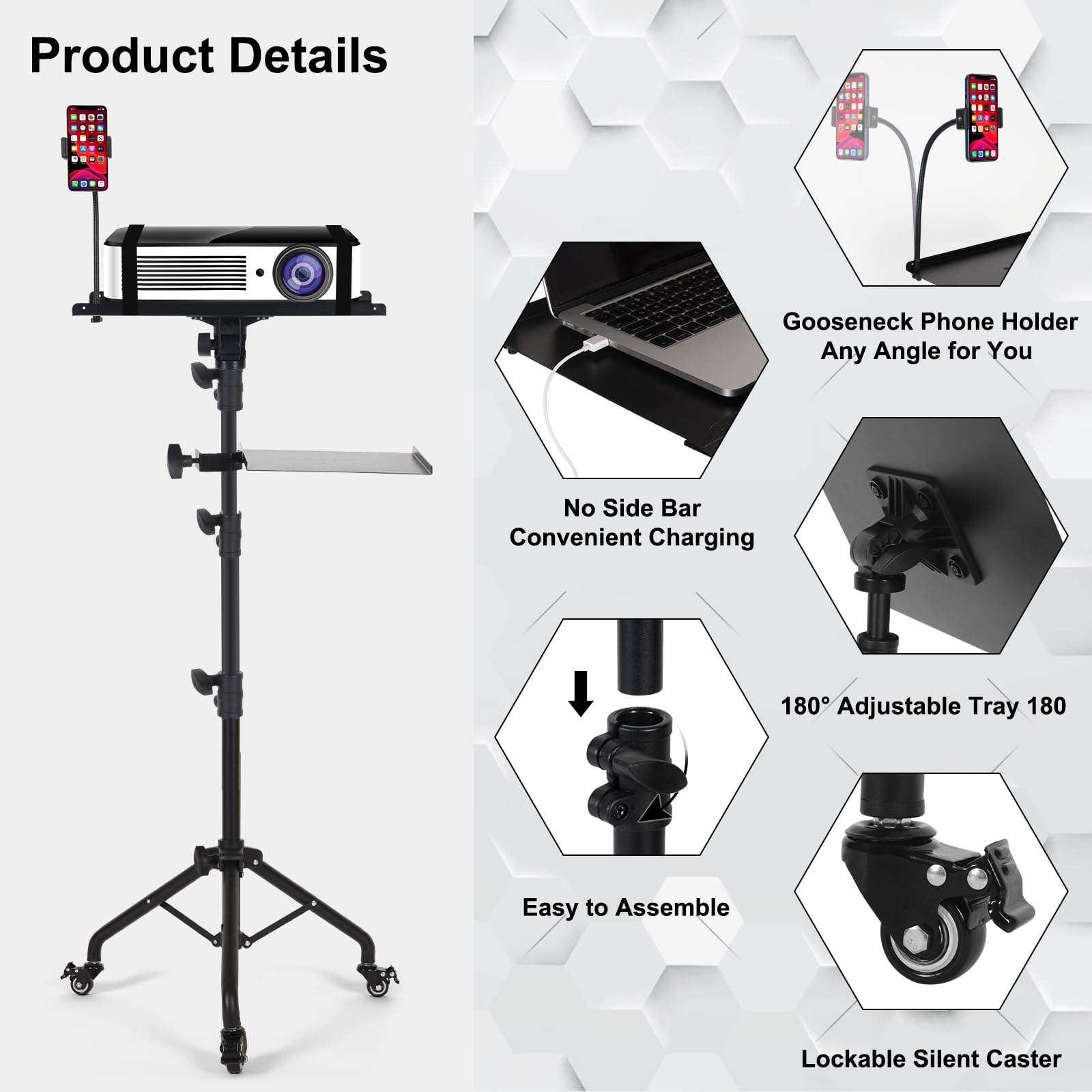 Tossbiss Laptop Tripod on Wheels with 2 Shelves