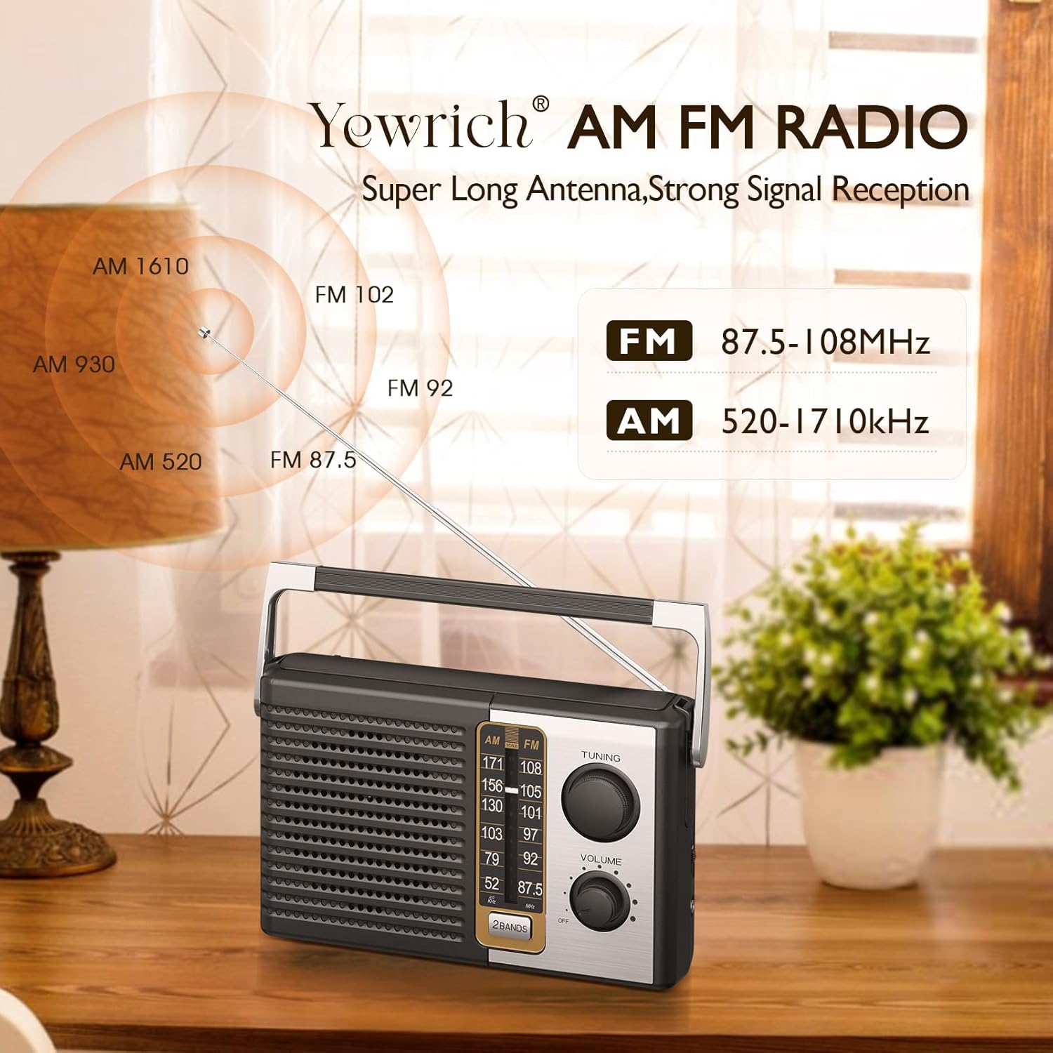 Yewrich portable AM FM radio with transistor design, showing dials and speaker for clear reception and battery operation