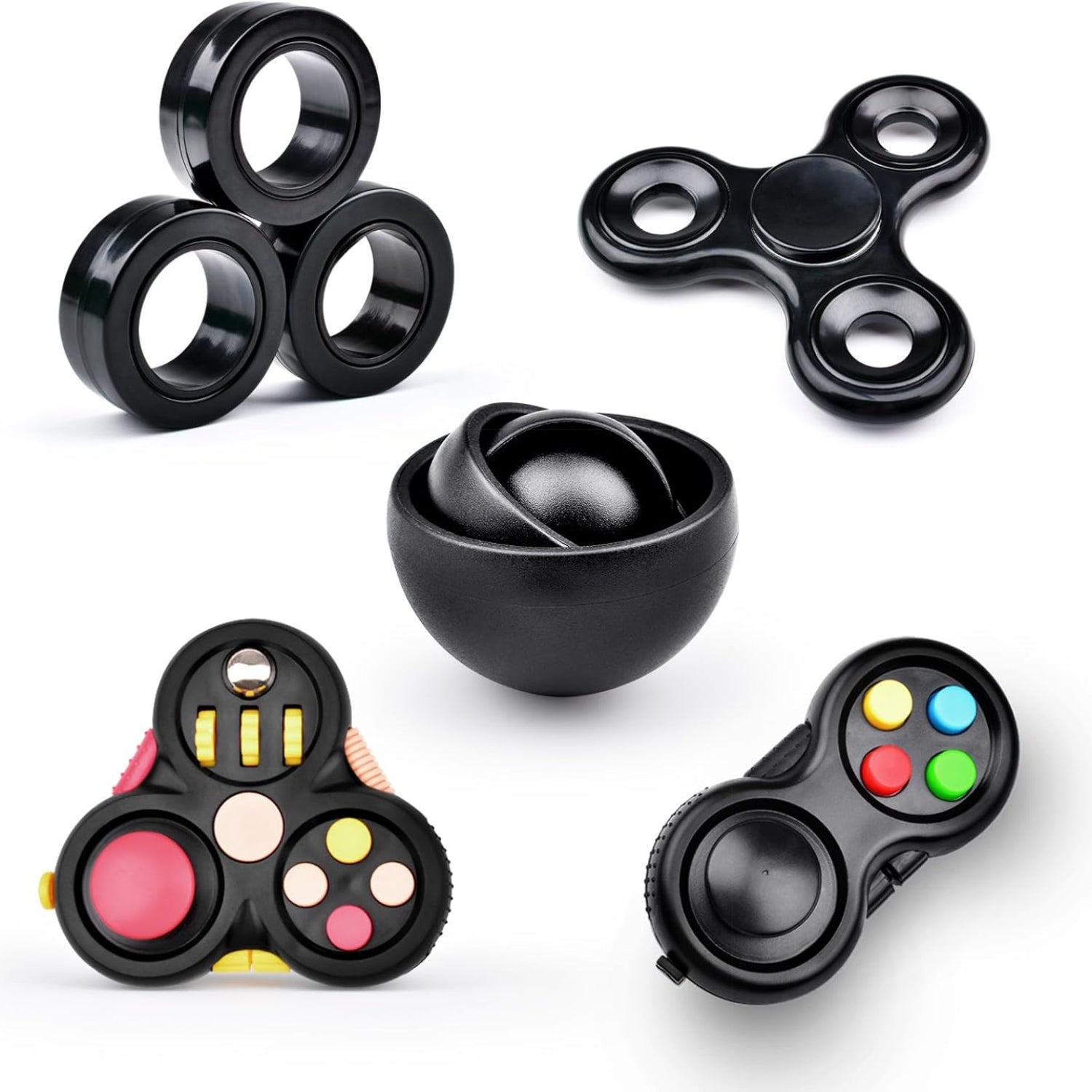 Yrissmiss adult fidget toys pack with 5 pieces, including magnetic rings and gyro spinner for stress relief and focus.