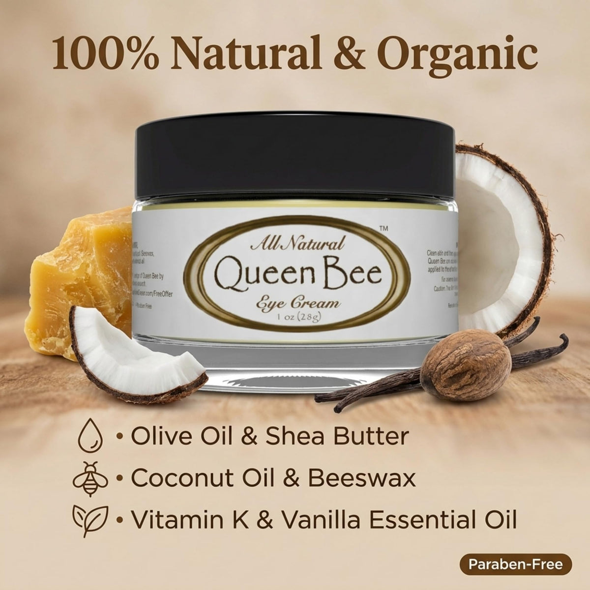 Queen Bee Organic Under Eye Cream for Dark Circles Wrinkles - Vivid Health Nutrition Official Imagery - 3