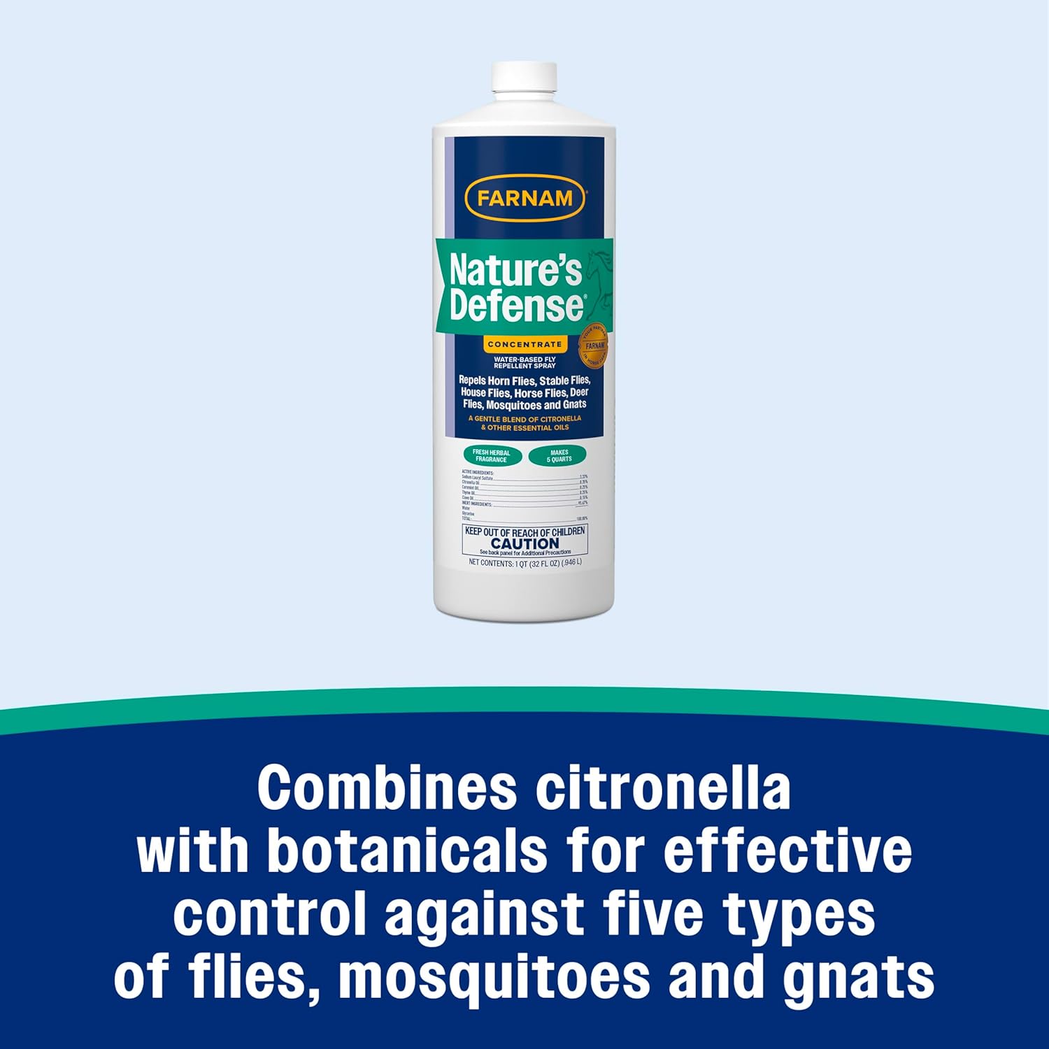 Farnam Nature’s Defense Concentrate water-based botanical fly repellent in 32 oz bottle, with natural plant ingredients for fly control.