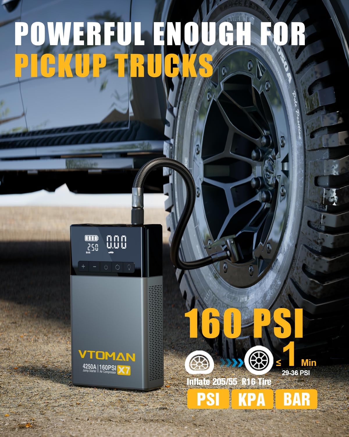 VTOMAN X7 jump starter with air compressor, showing digital display and ports, designed for pickup trucks and SUVs.