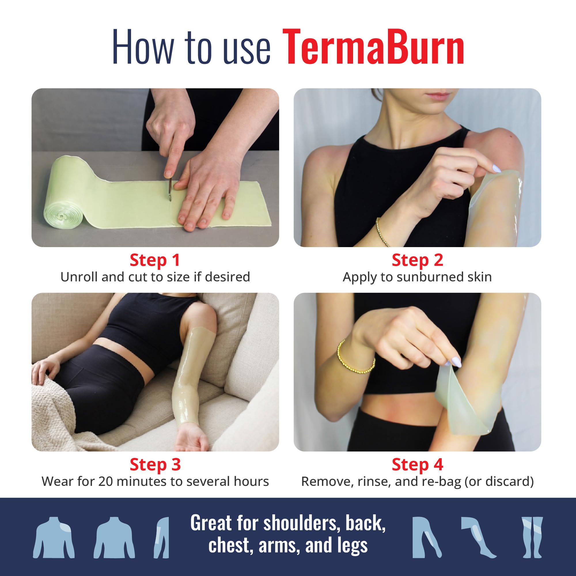 TermaBurn wearable aloe hydrogel wrap for sunburn relief, showing the soft, cooling gel patch on skin for soothing sunburn treatment.