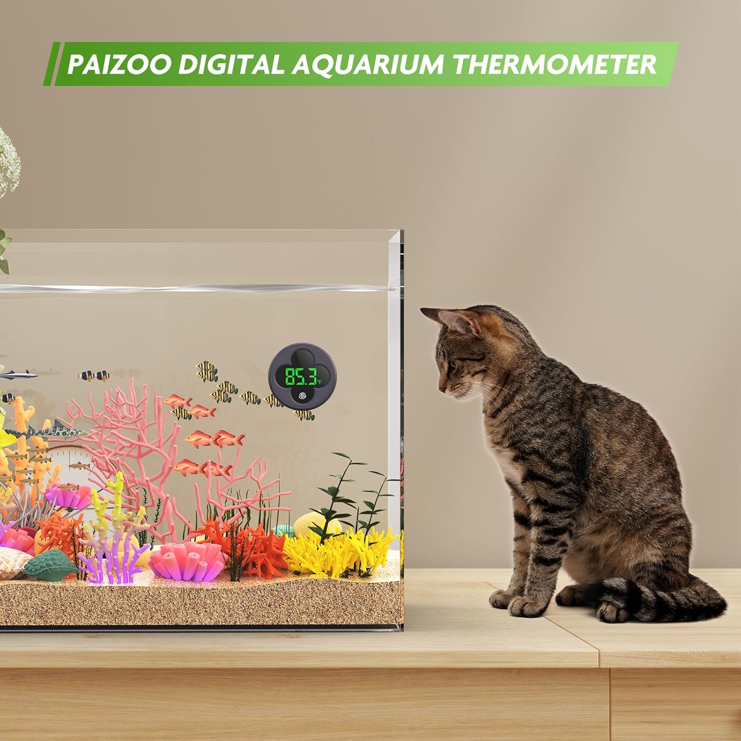 PAIZOO digital aquarium thermometer with LED display and wireless sensor for accurate fish tank temperature monitoring.