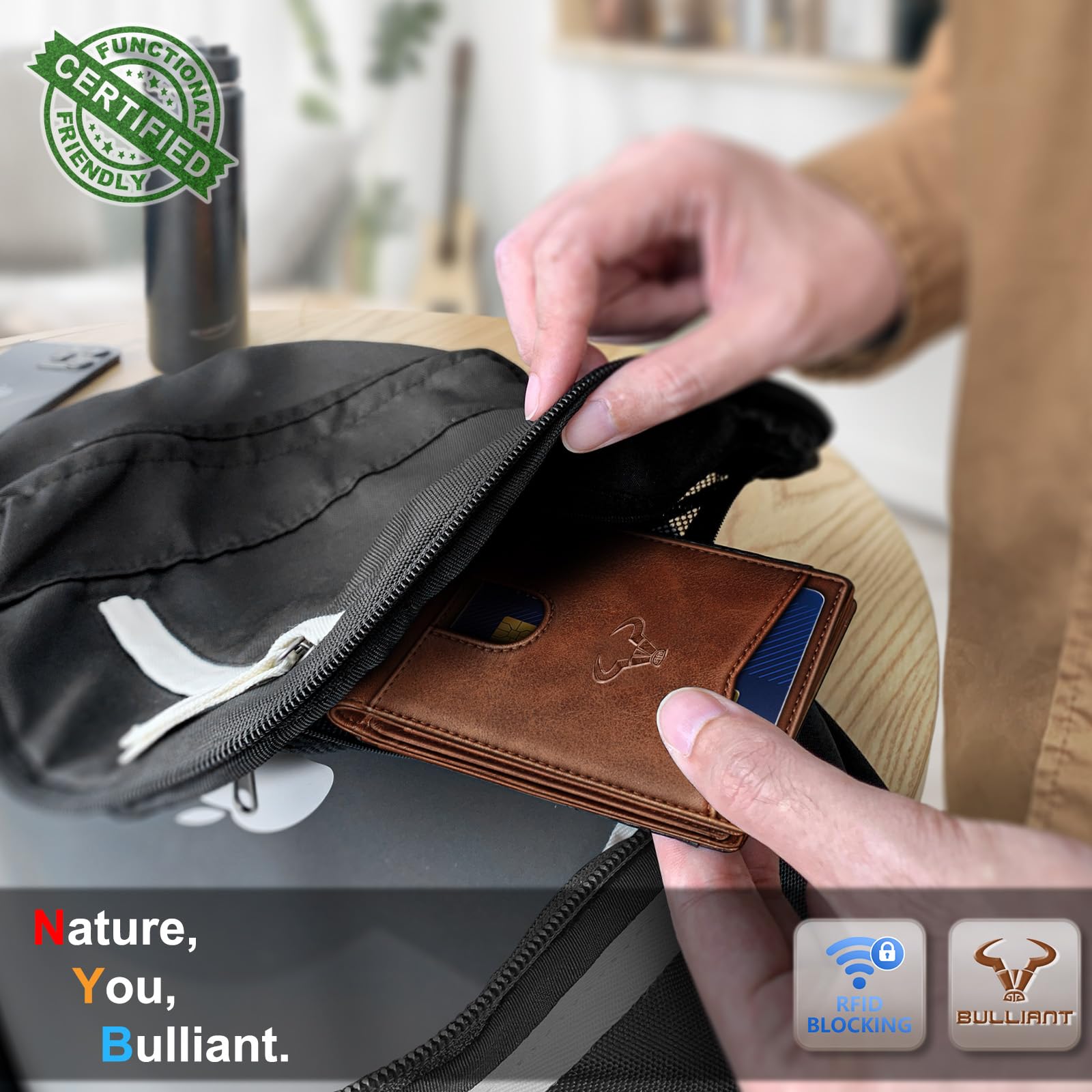 BULLIANT Men Slim RFID Leather Wallet 11 Card Slots