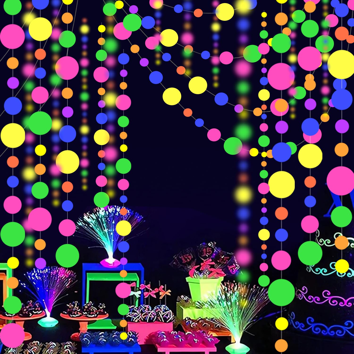 120feet Round Dot UV Neon Garland Hanging Paper Glow in The Dark - Product Imagery