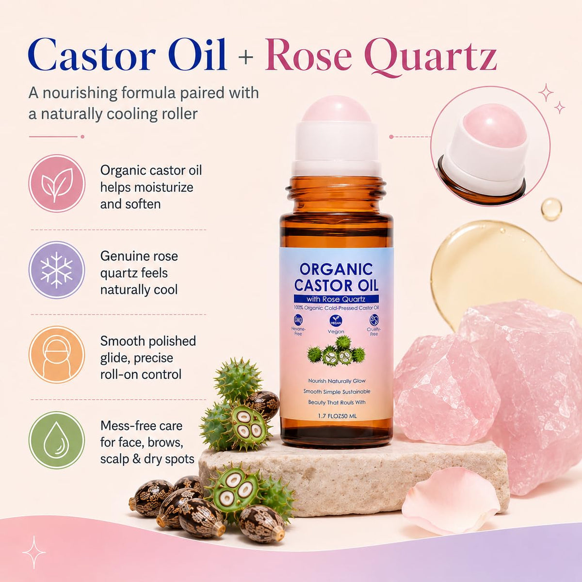 Organic Castor Oil Rose Quartz Roller Ball 100 Cold Pressed - SDXJIOGE Official Imagery - 3