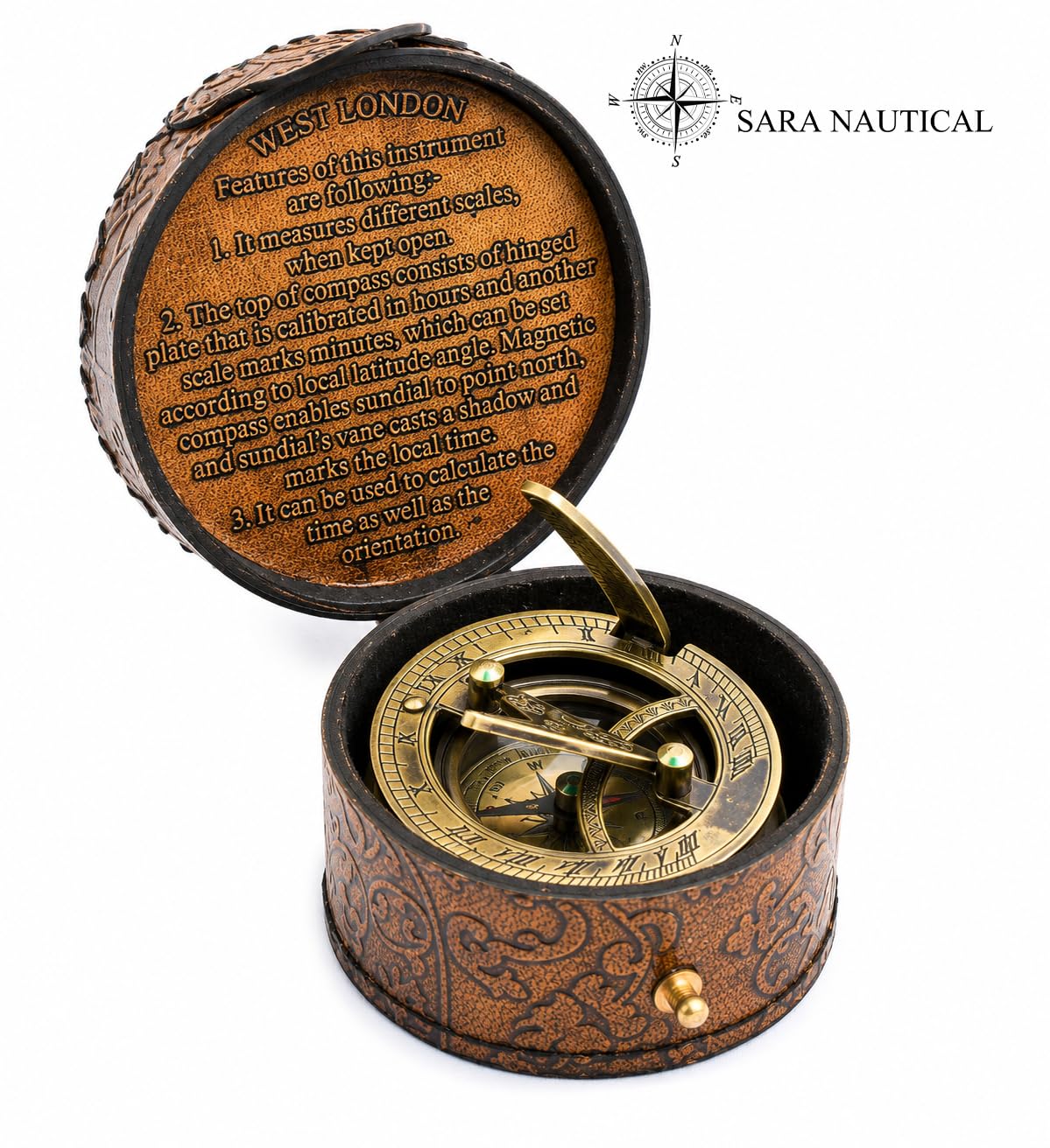 SARA NAUTICAL Antique Brass Sundial Compass Sundial Clock in - SARA NAUTICAL Official Imagery - 6