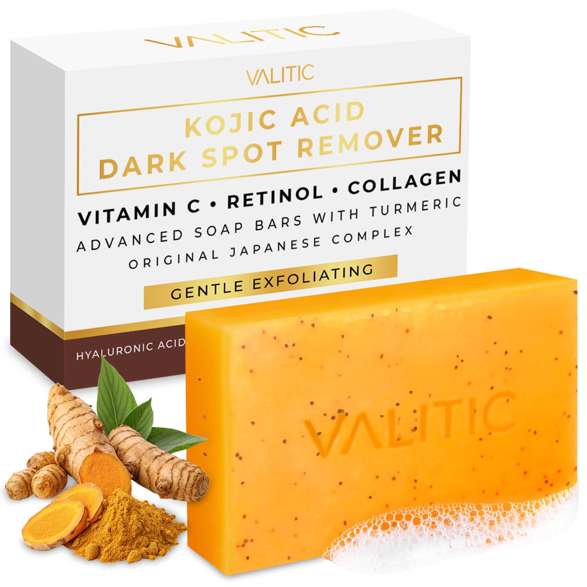 VALITIC Kojic Acid and Turmeric Soap for Dark Spots, Face and - Product Imagery