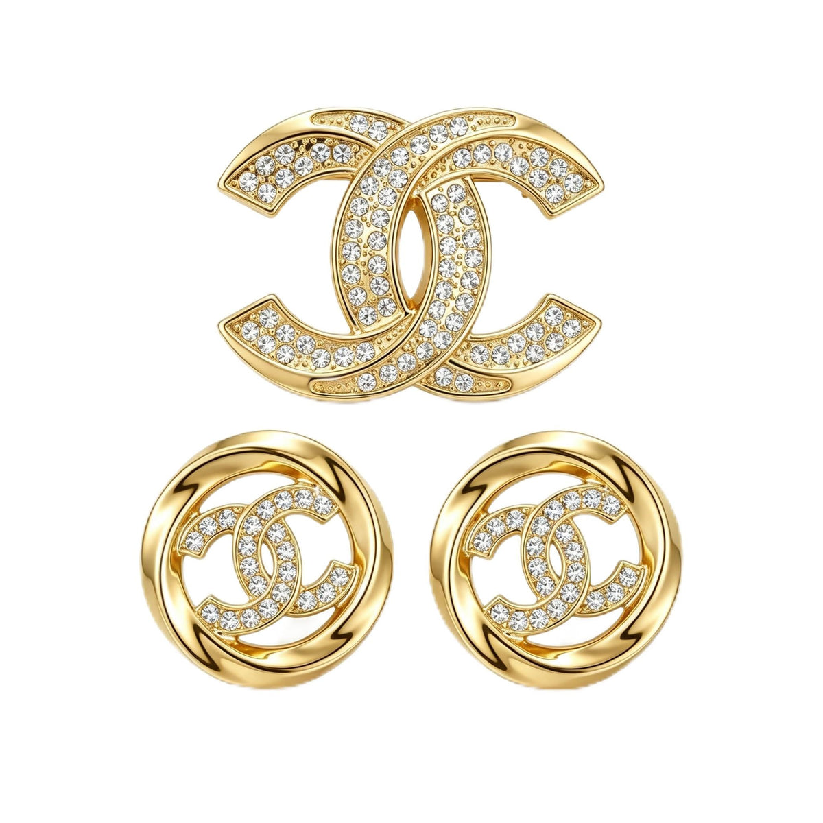 Gold Tone Crystal Brooch and Round Stud Earrings Jewelry Set - Obluchye Official Imagery - 1