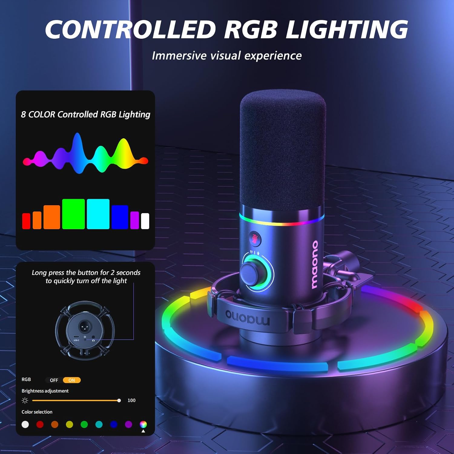 MAONO XLR/USB dynamic podcast microphone kit with RGB lighting and software, designed for high-quality audio recording.