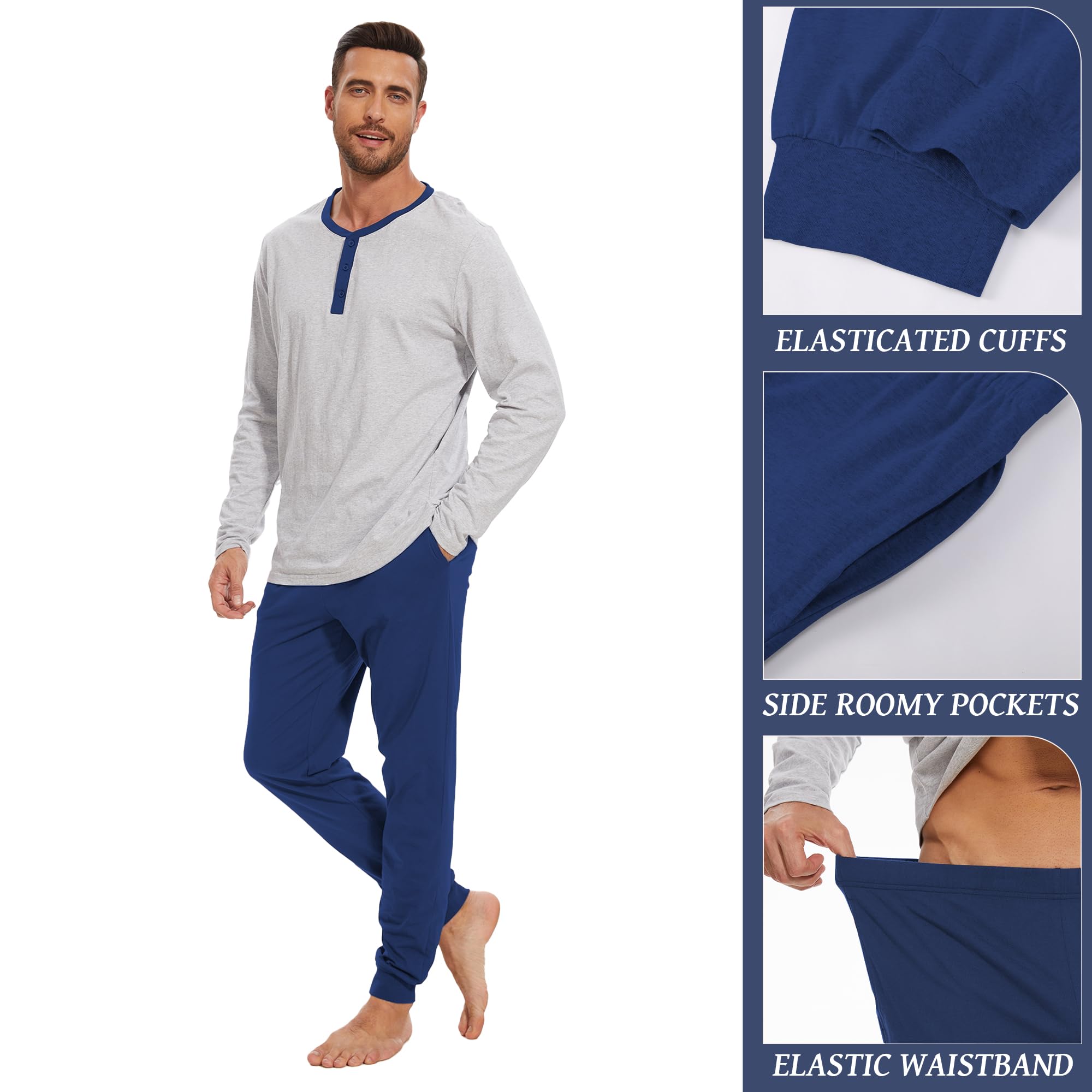 Navisting Men's 100% Cotton Henley Pajama Set 2-Piece Lounge Slee - Navisting Official Product View 5