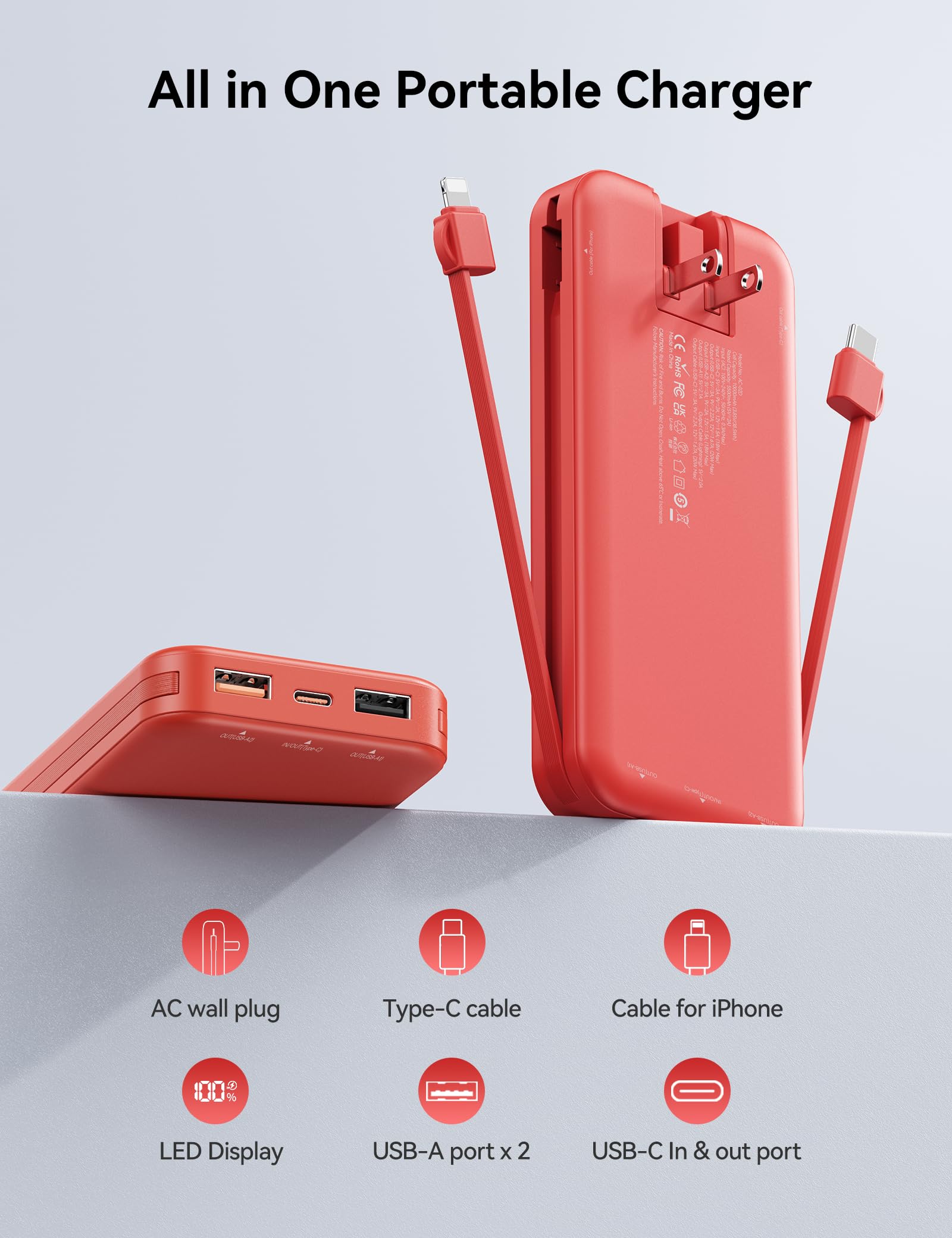 10000mAh Compact Portable Charger Power Bank with Built in - aonidi Official Imagery - 3