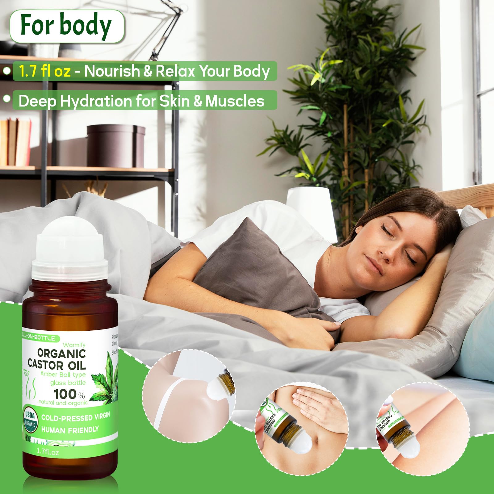 Warmify 6-in-1 castor oil roll-on set for face and body, skin moisturizer with convenient roll-on applicators shown in the image.