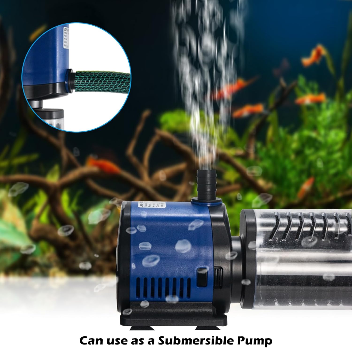 TARARIUM fish tank filter 400GPH for large aquariums and ponds, showing the filter unit with inlet and outlet hoses.