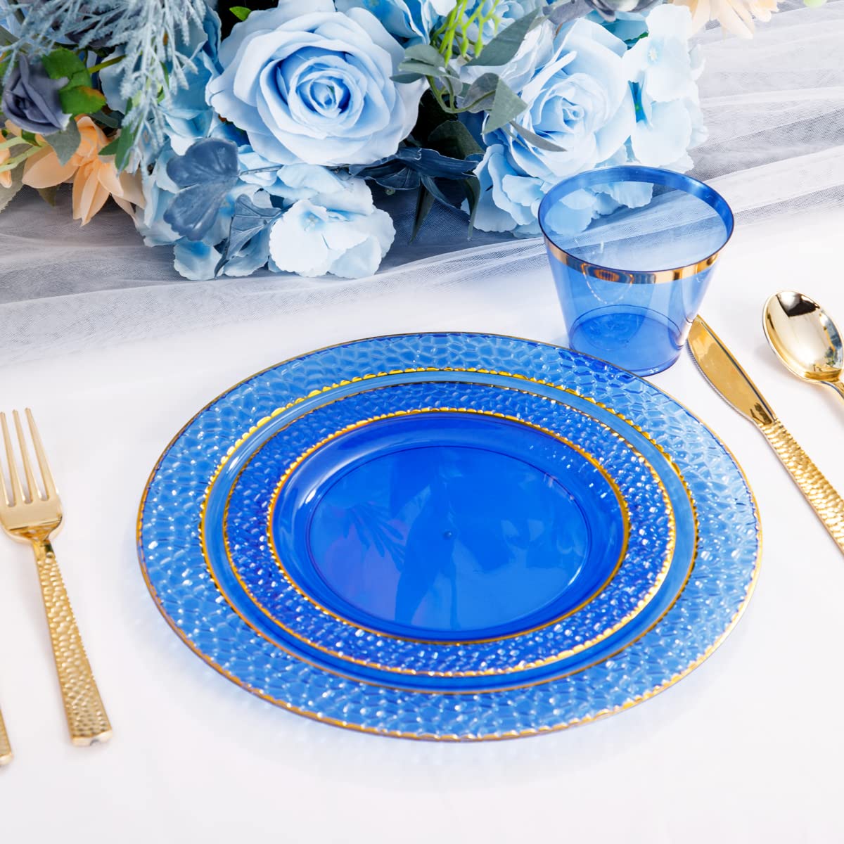Nervure 150PCS Clear Blue Plastic Plates with Gold Hammered - Nervure Official Imagery - 5