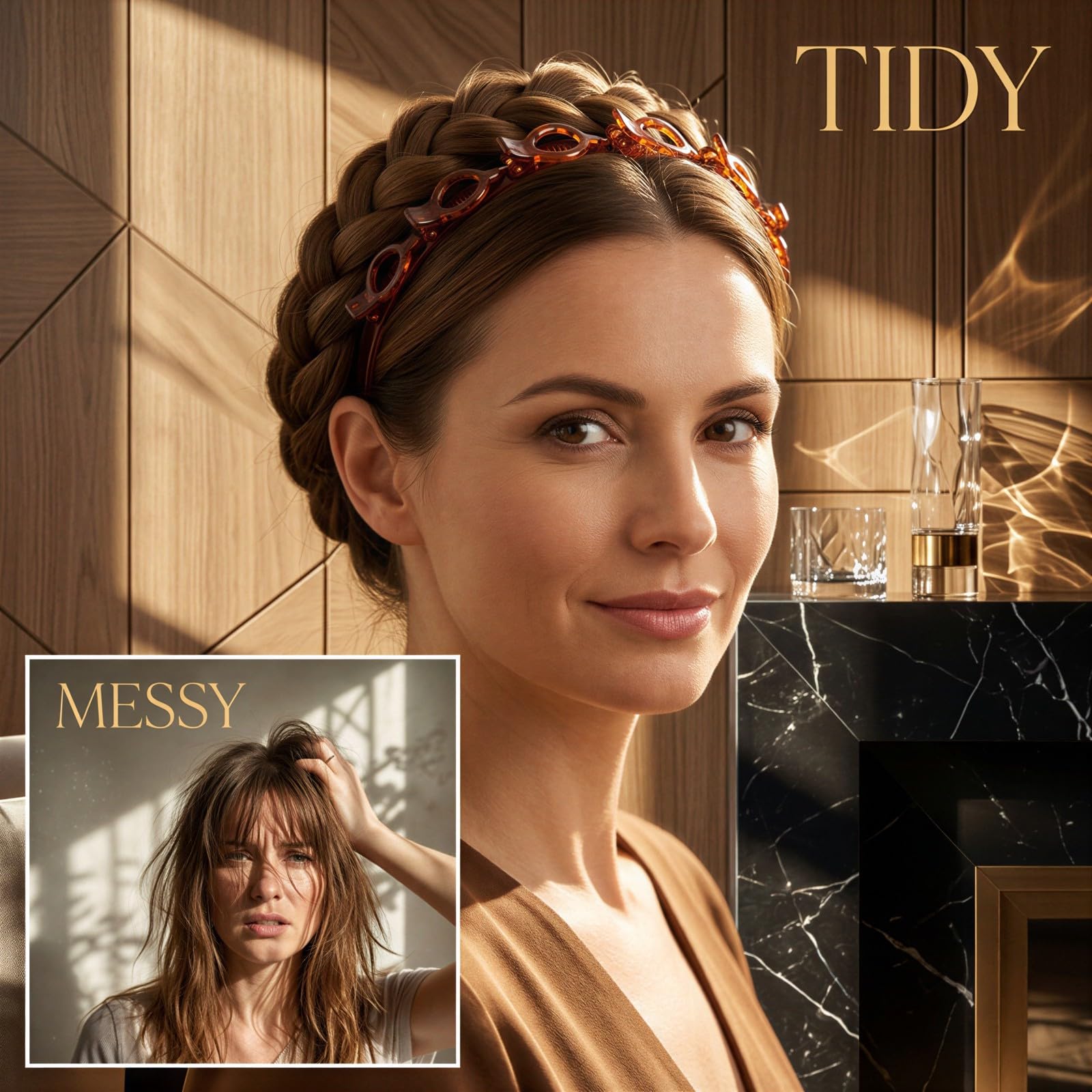 Red and black braided hairband with double layer bangs and teeth design, plastic resin hair accessory for women.