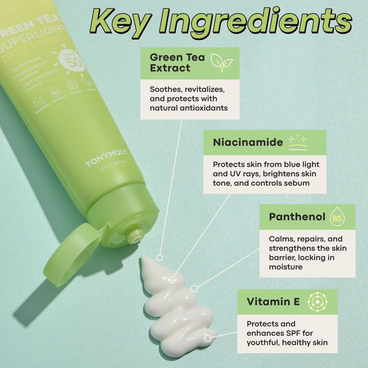 TONYMOLY Green Tea SPF 50 Sunscreen with Plump kin Retinol - Premium Selection Official Imagery - 3