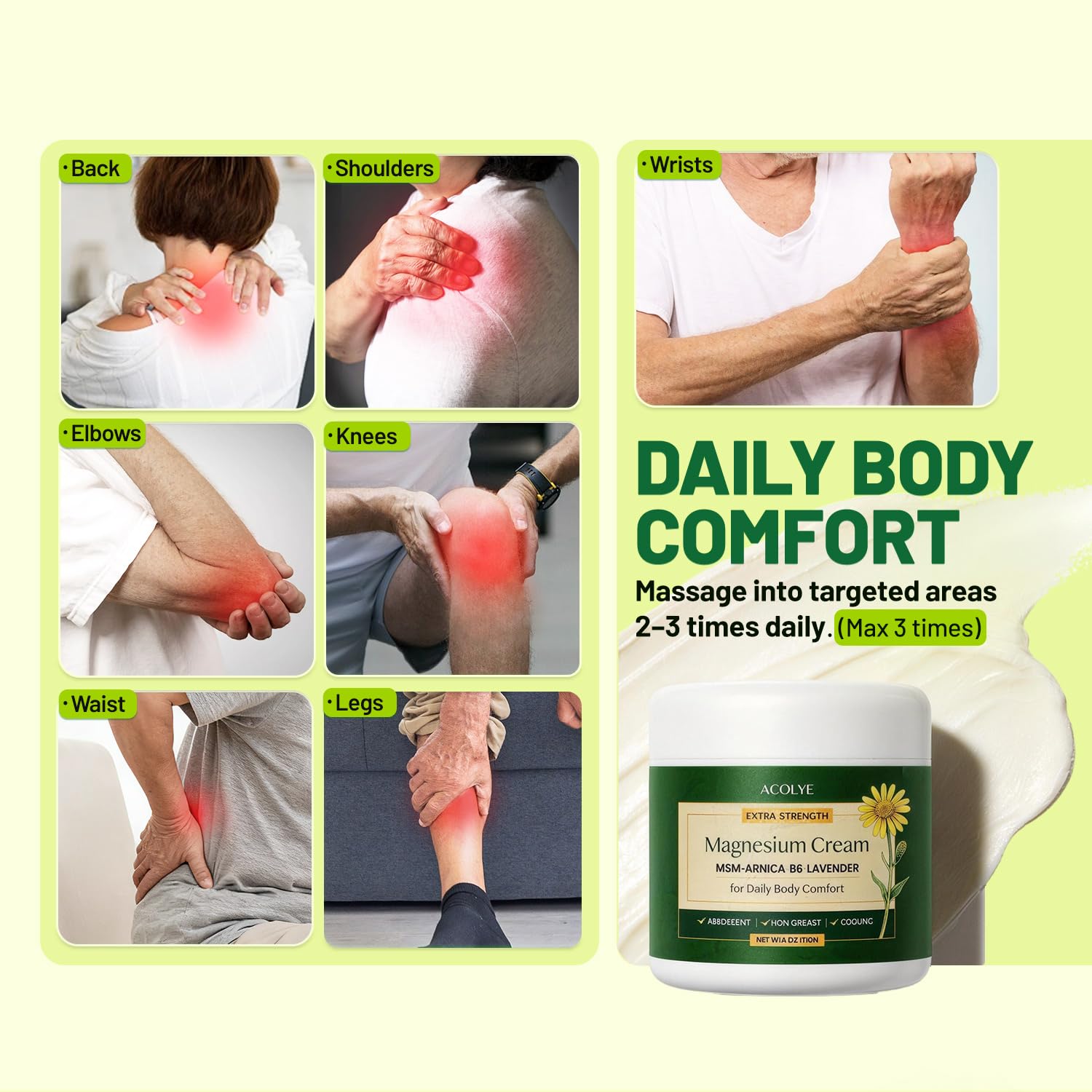 Acolye Total Relief Magnesium Cream with Arnica: Extra Strength Topical Magnesium Chloride Cream with MSM, B6, For Muscles, Joints & Legs, Fast Absorbing, Non-Greasy