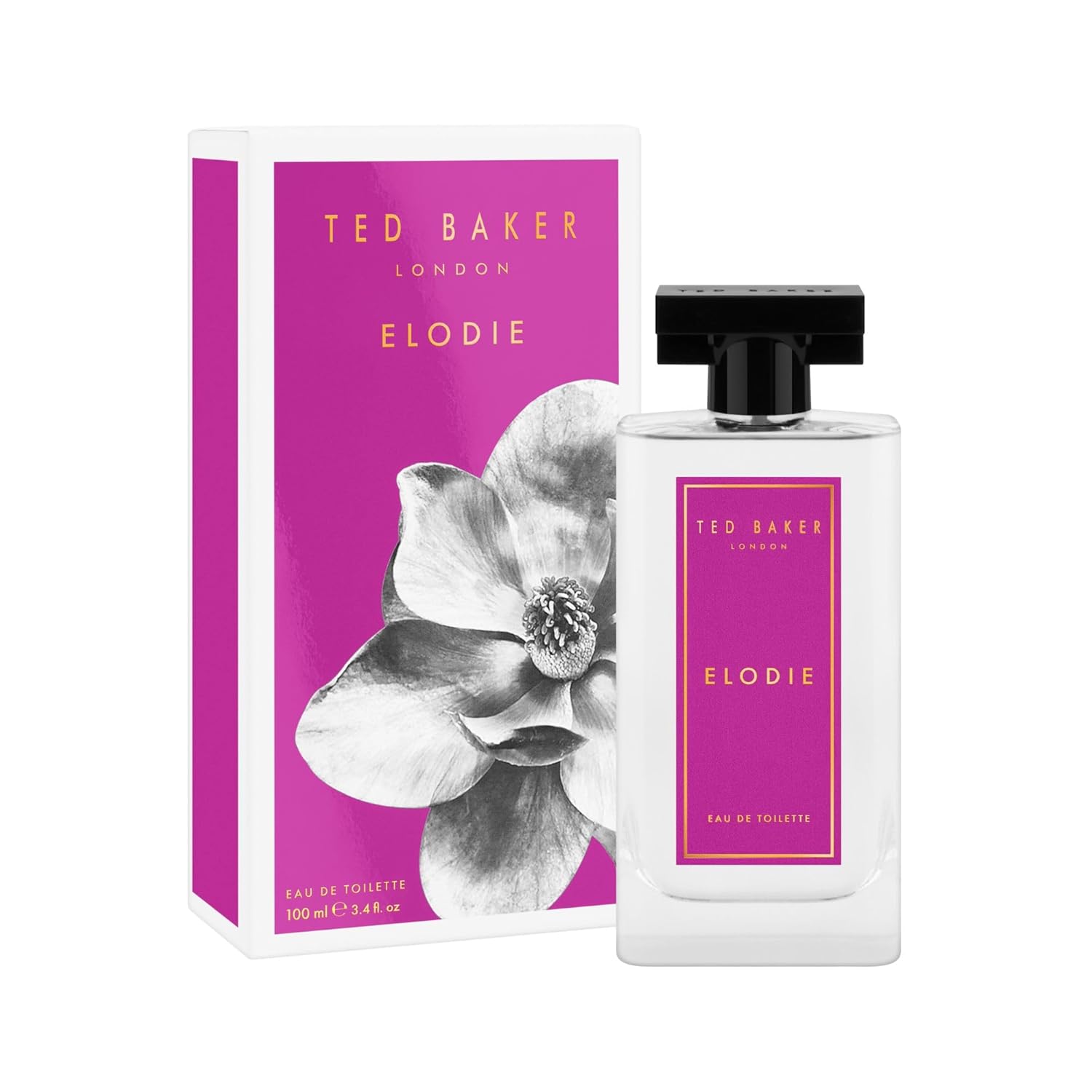 Ted Baker Elodie women's eau de toilette with woody floral scent, pink pepper accents, in an elegant perfume bottle.