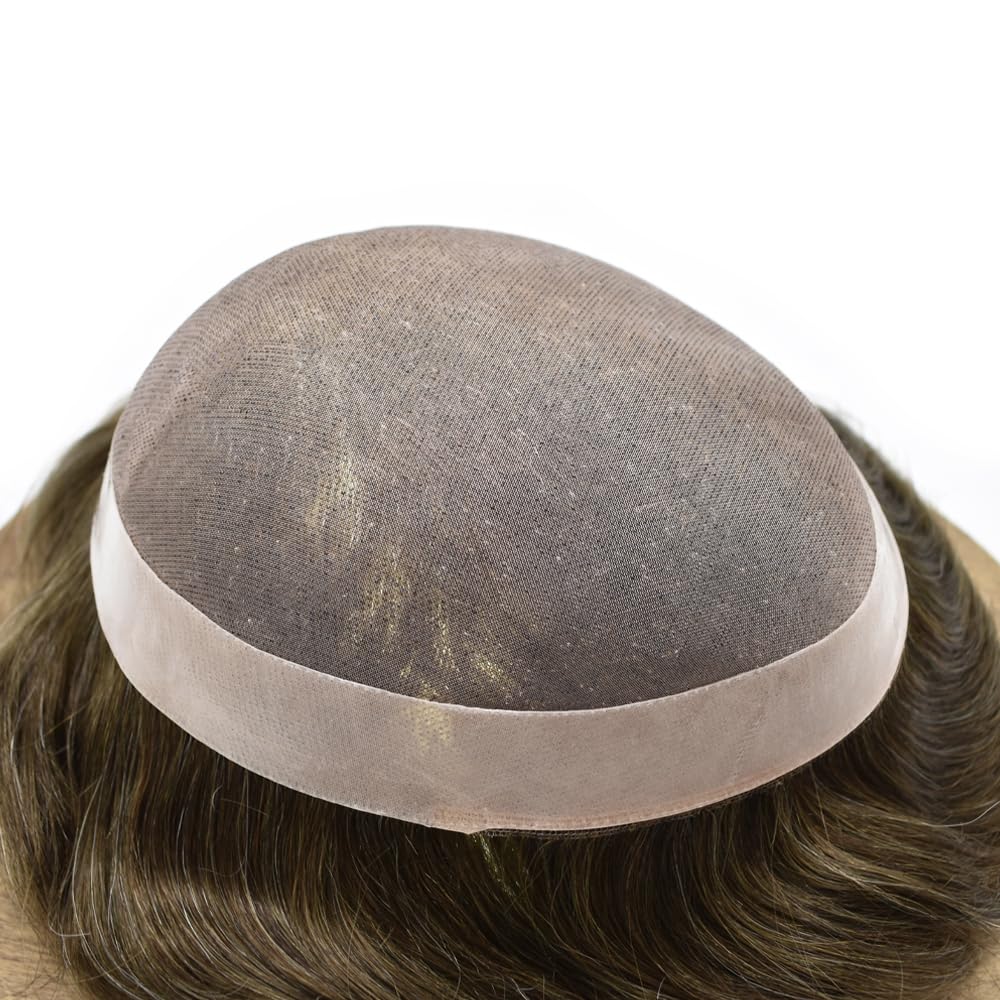 Curve Hair Mens Toupee Human Hair Piece Replacement System Monofilament Wig Hair Unit for Men Durable Poly Coated Mens Hairpiece (#550 Light-Med Brown+50% Gray, 8"X10")