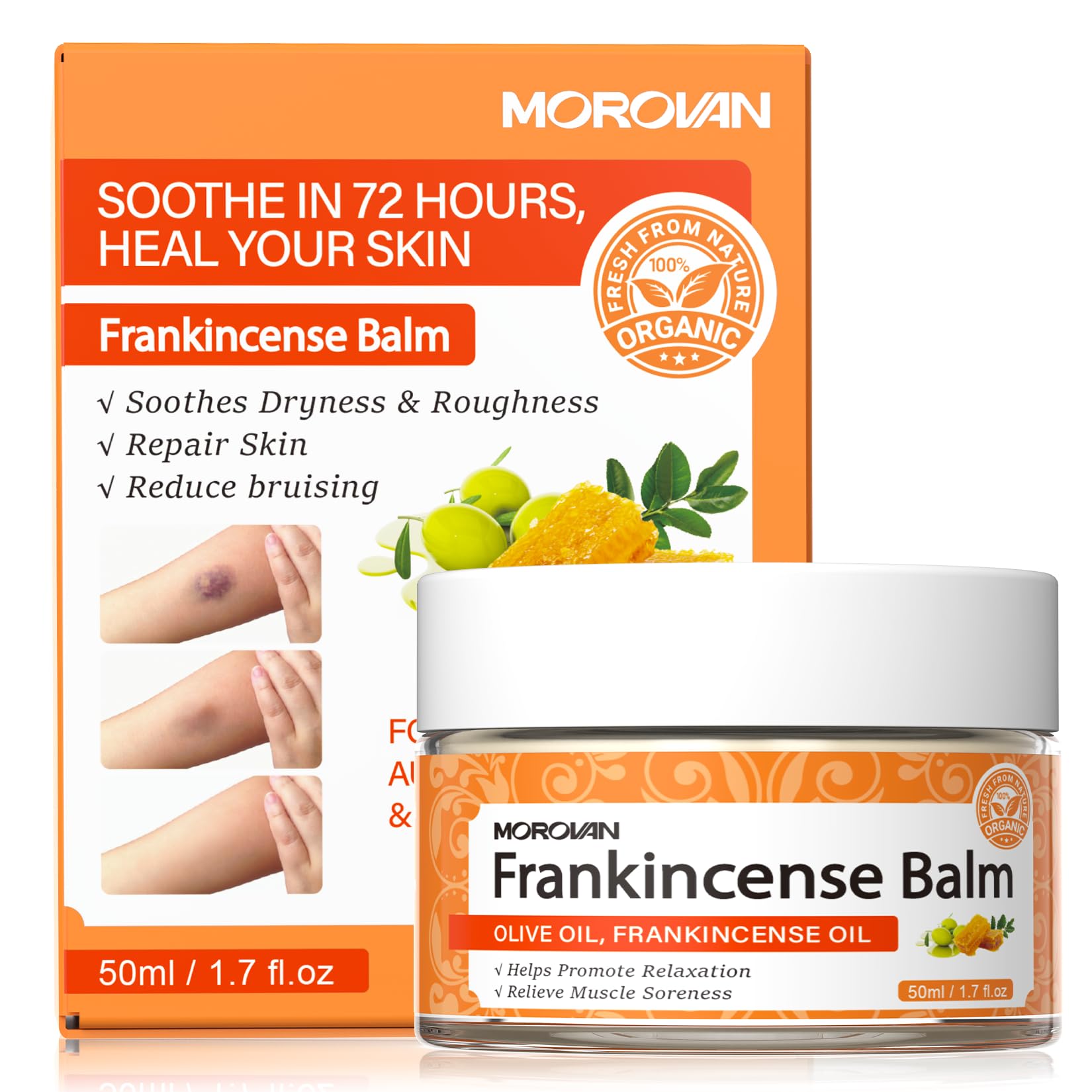 Morovan Frankincense Bruise Balm for joints and skin, a skin moisturizer with frankincense, applied on skin in the image.