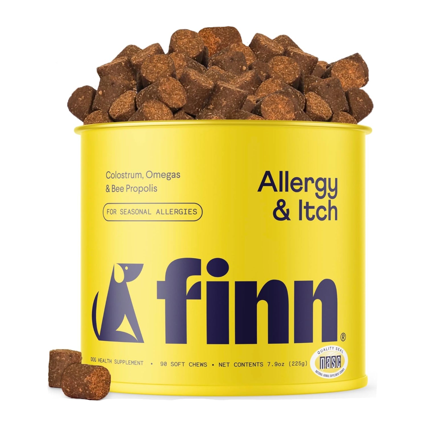 Finn Allergy & Itch for Dogs supplement bottle showing daily support for itchy skin and immune health in a clear container.