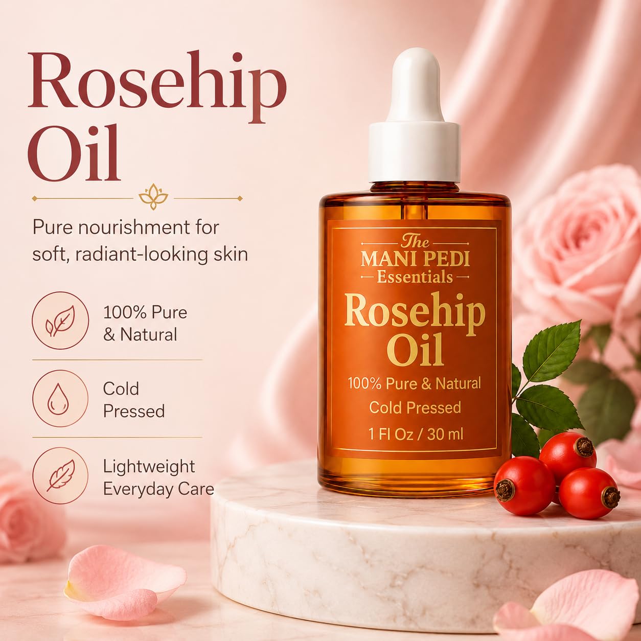 The Mani Pedi Essentials TMPE Rosehip Oil for Face. Pure, Natural, Cold - - The Mani Pedi Essentials Official Product View 3