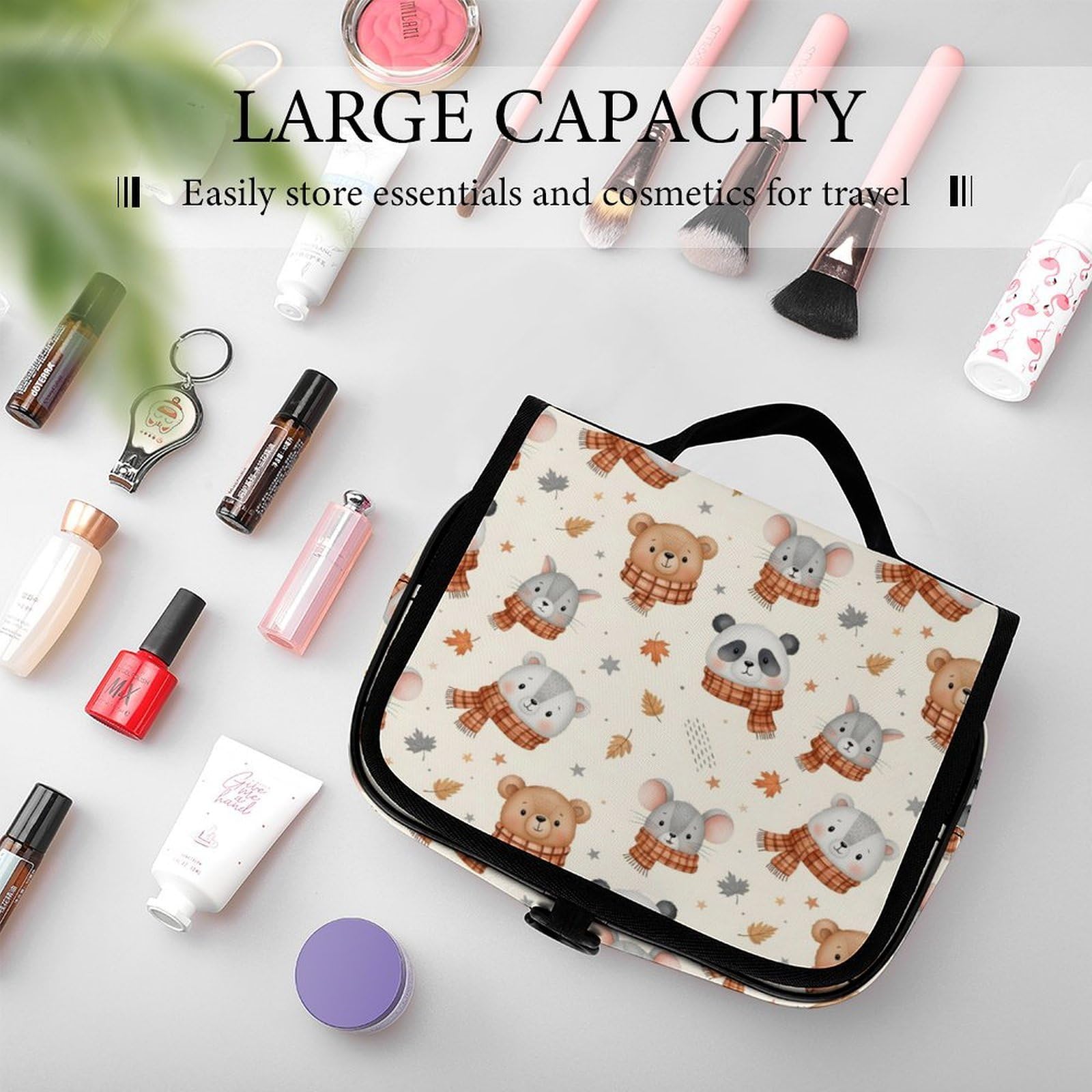 Cute cartoon panda makeup bag by LSBJBBHDCB featuring a hanging design, scarf detail, sturdy hook, ideal for travel and cosmetics storage.