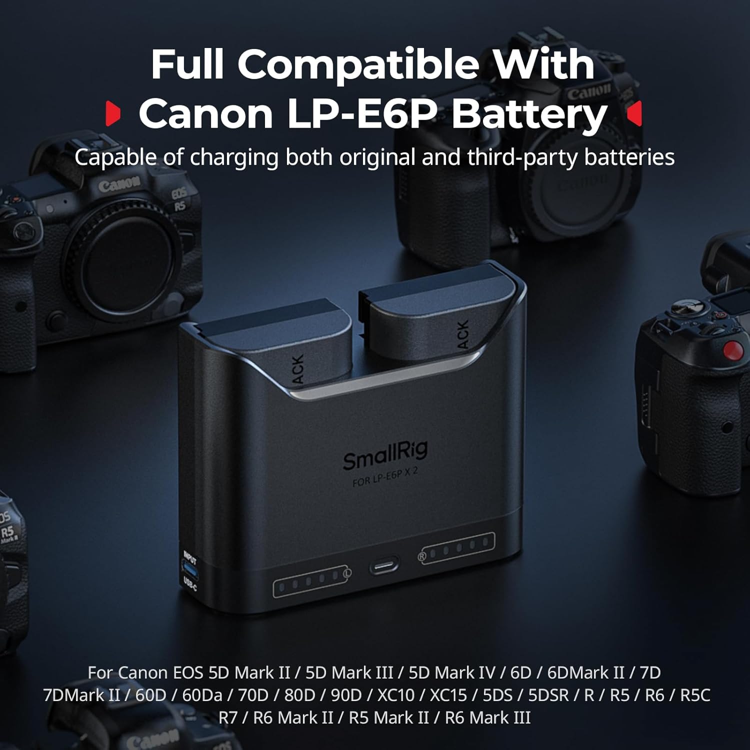 SMALLRIG LP-E6P camera battery set with dual slot charger and 2520mAh batteries for Canon cameras.