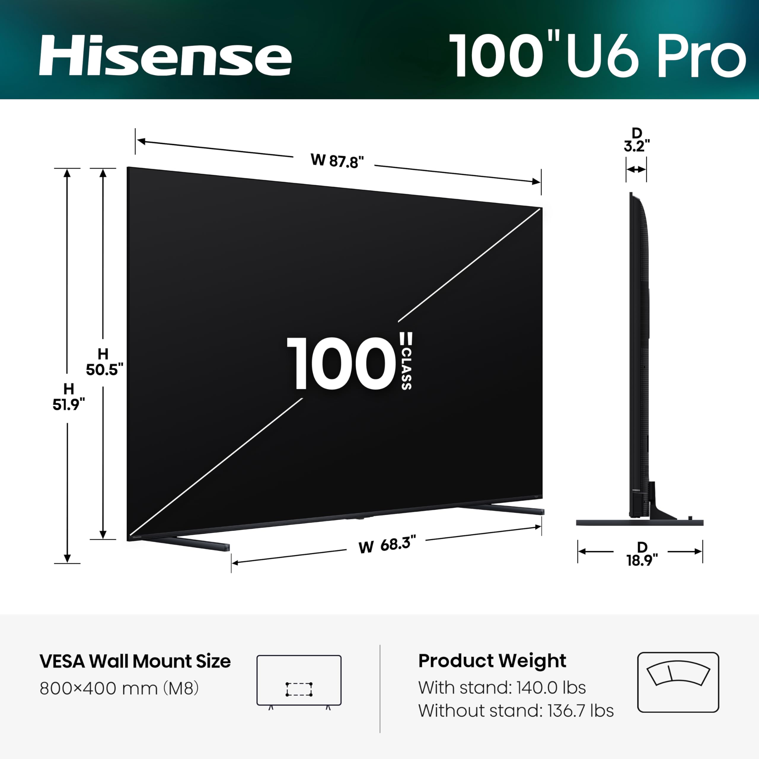 Hisense 100" U6 Pro Series Mini‑LED ULED 4K UHD HDR Gaming AI Sma - Hisense Official Product View 3