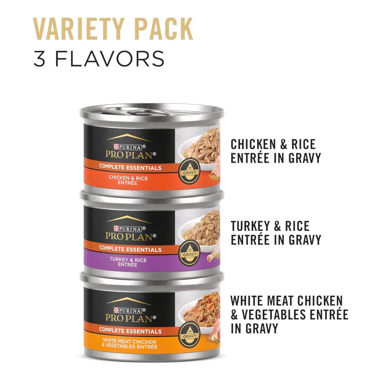 Cans of Purina Pro Plan High Protein Wet Cat Food Variety Pack with gravy, complete essentials for adult cats, displayed with packaging.