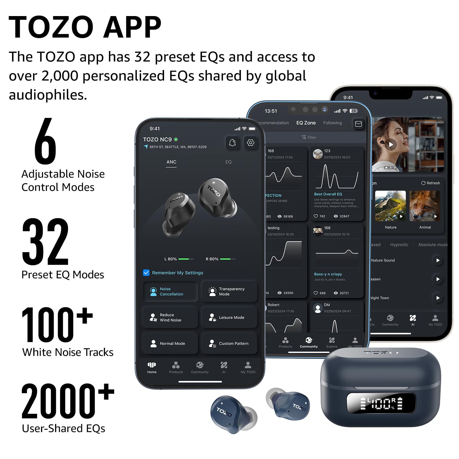 TOZO NC9 Hybrid Active Noise Cancelling Wireless Earbuds, 60H, LE - TOZO Official Product View 6