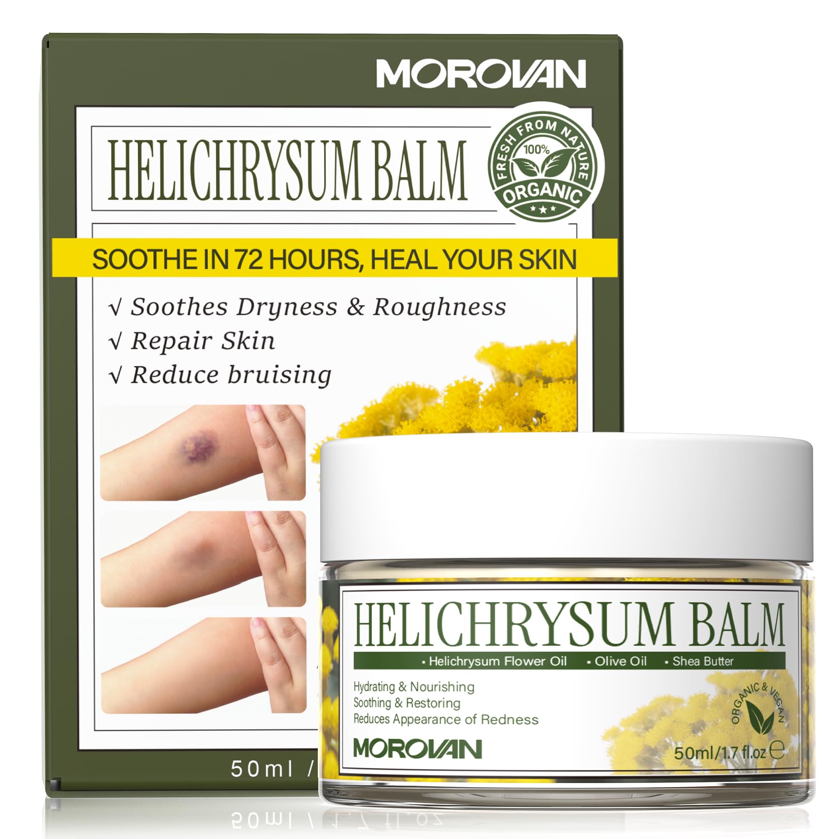 Morovan Helichrysum Bruise Balm moisturizing skin and muscle relief balm in a tube, designed for skin and muscle soothing.