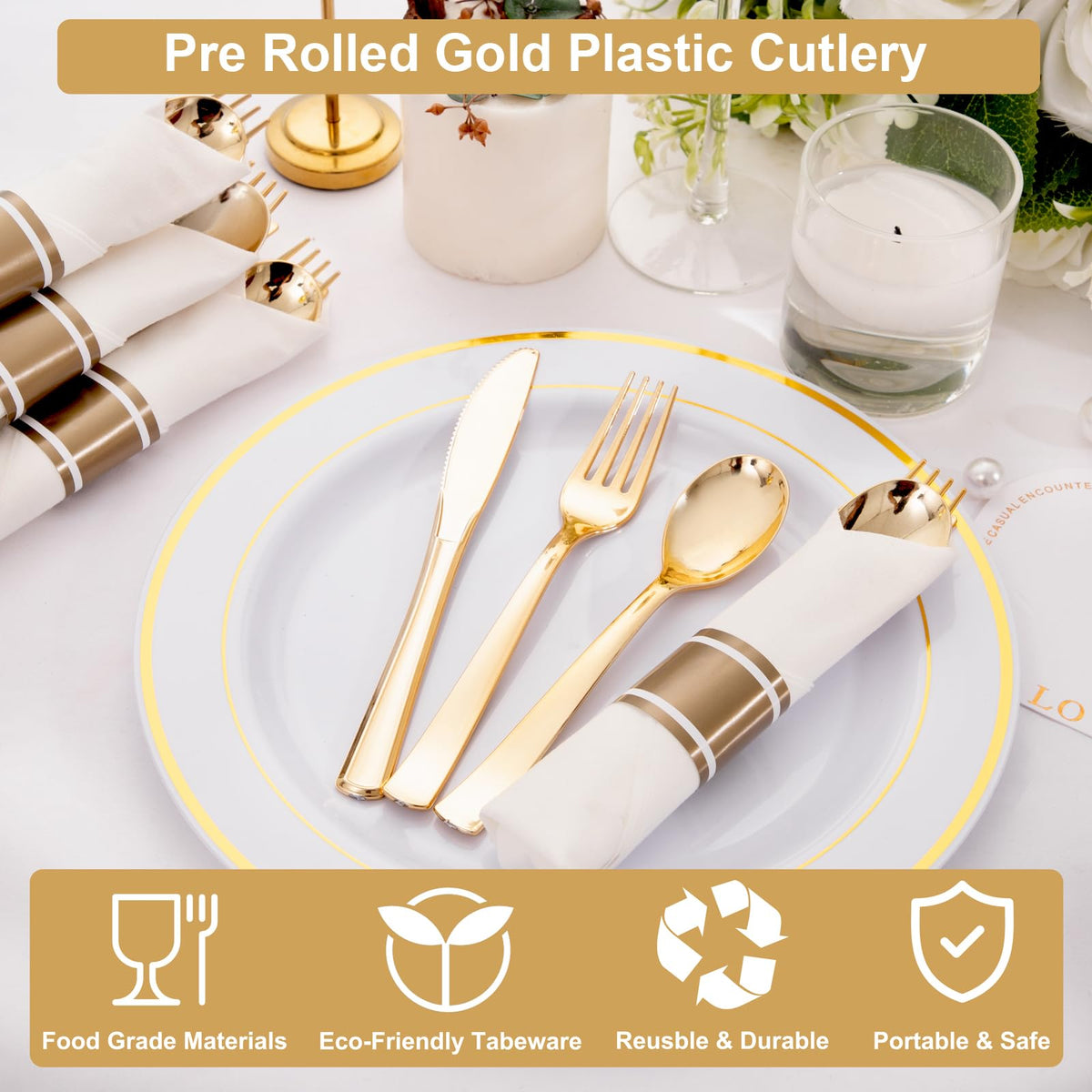 50Pack Pre Rolled Gold Plastic Silverware Set Heavy Duty for - Joyido Official Imagery - 4
