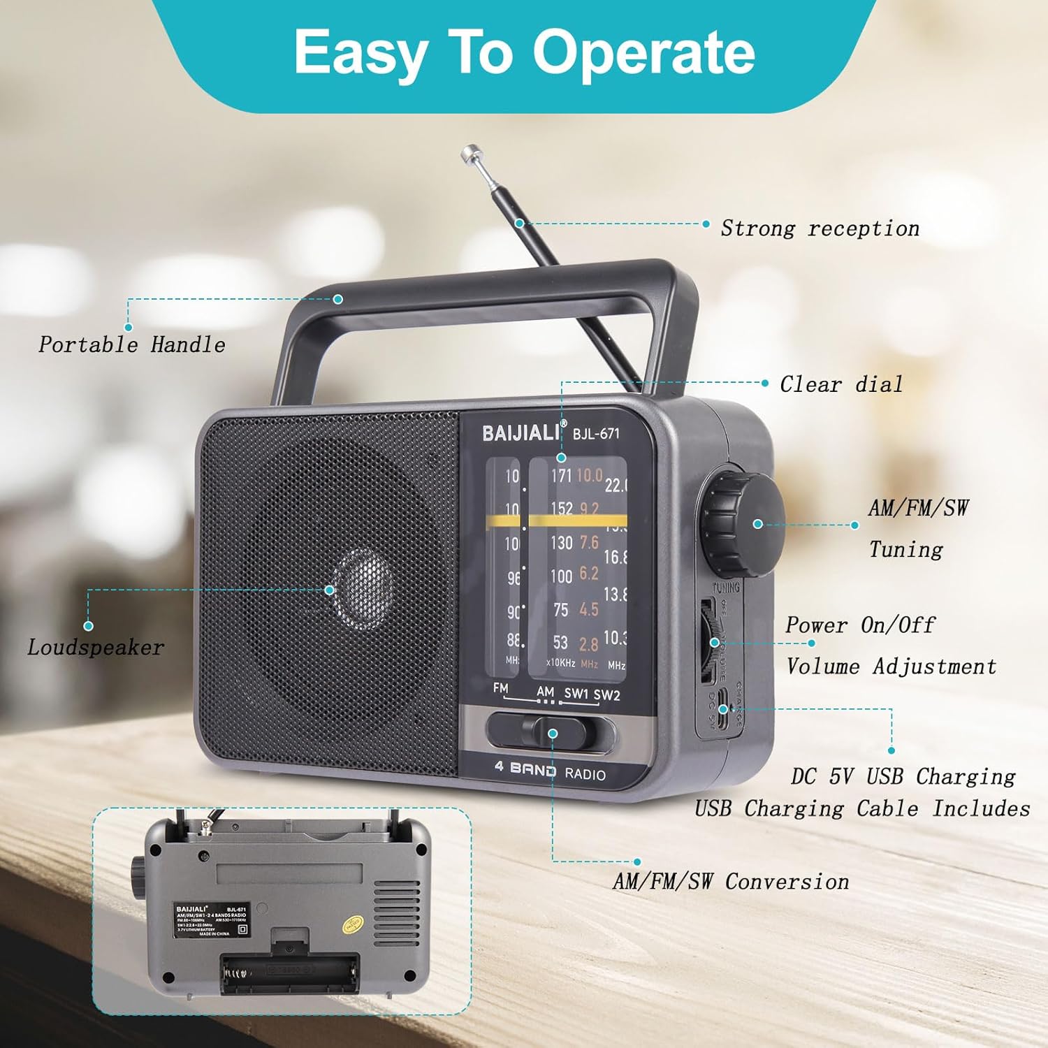 BAIJIALI portable AM/FM transistor radio with loud speaker, powered by batteries or USB, shown with dial and controls.