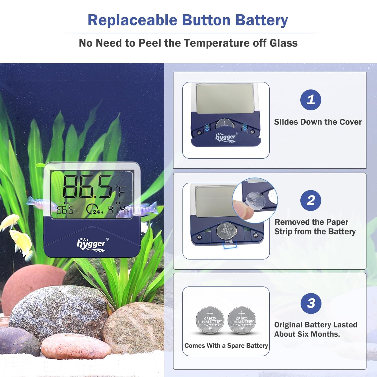 hygger digital aquarium thermometer displaying current, max, and min water temperature readings in a clear LCD screen