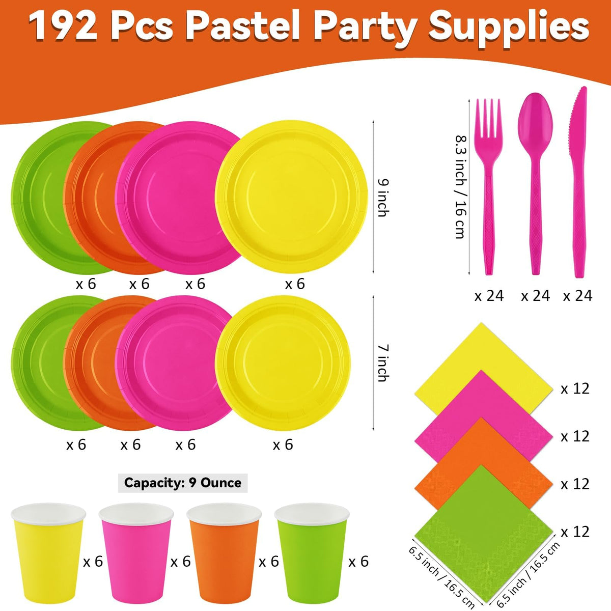 durony 192 Pcs Neon Party Supplies Paper Plates Cups Napkins - durony Official Imagery - 2