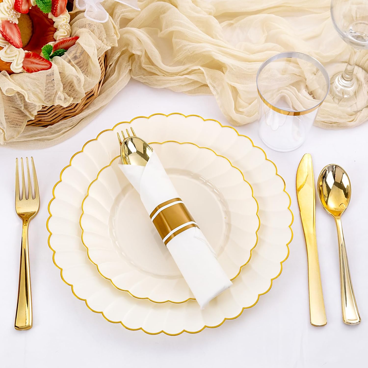 YOUBET 350-piece ivory scalloped plastic plates with gold accents, disposable dinnerware for parties and gatherings